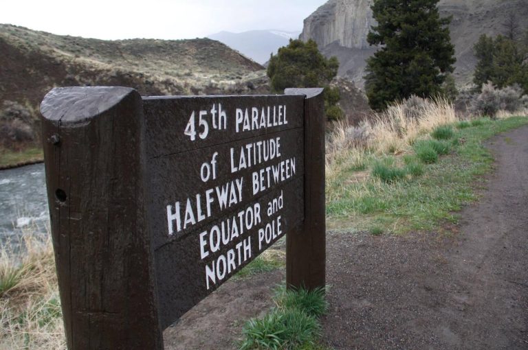 Yellowstone Sign Marking the 45th Parallel of latitude halfway between the equator and north pole